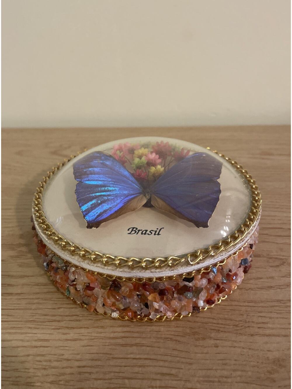 VTG 4.25” Real Morpho Butterfly & Flowers Brazil Souvenir Jewelry Trinket Box